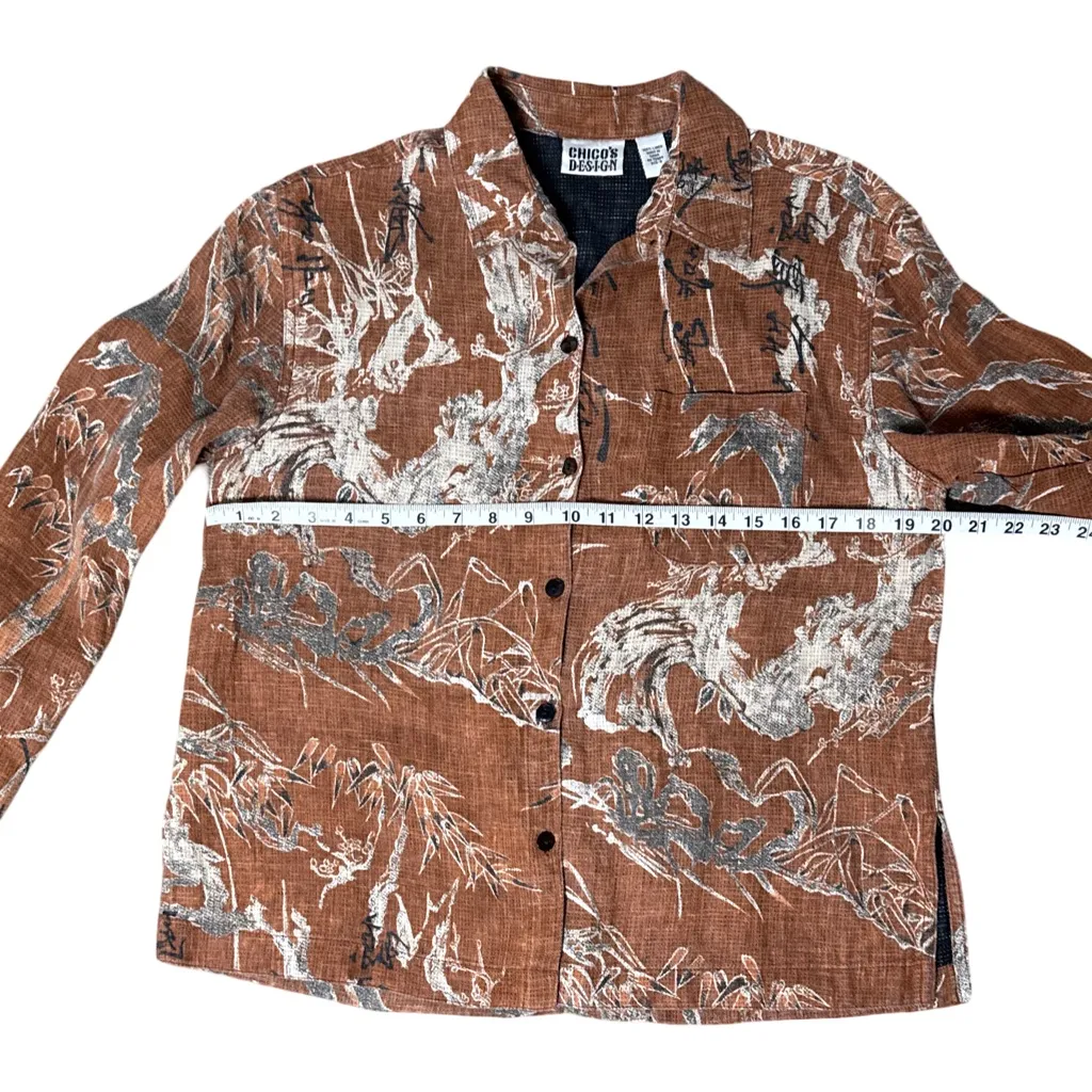 Chico’s Design Button Down Shirt Abstract Asian Print Brown Linen Size 0 - Image 7