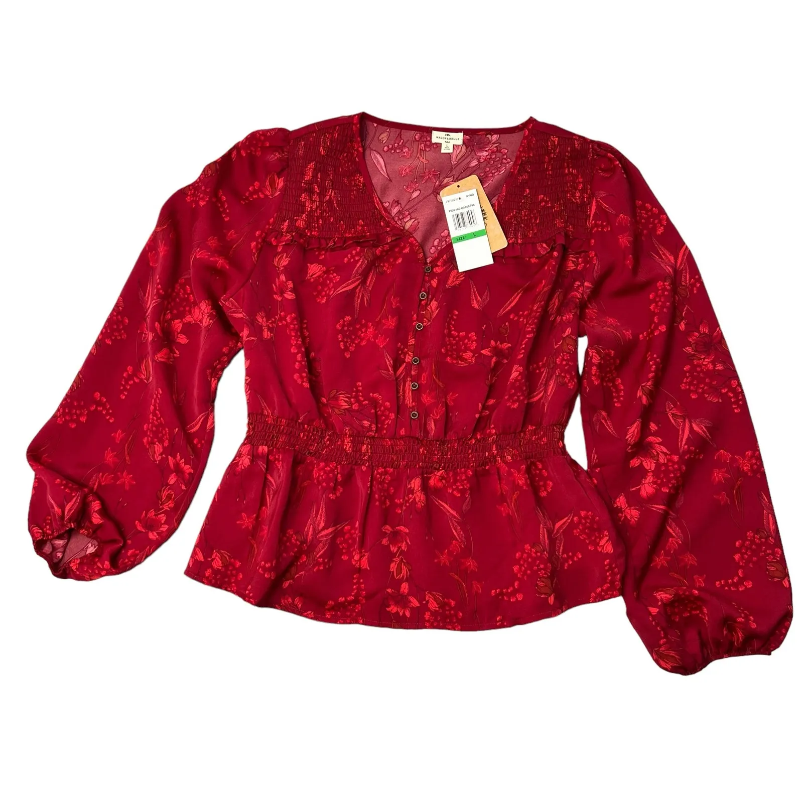 Mason & Belle Kara Peplum Blouse Red Floral Smocked Long Sleeve L NWT Indie Boho - Image 11