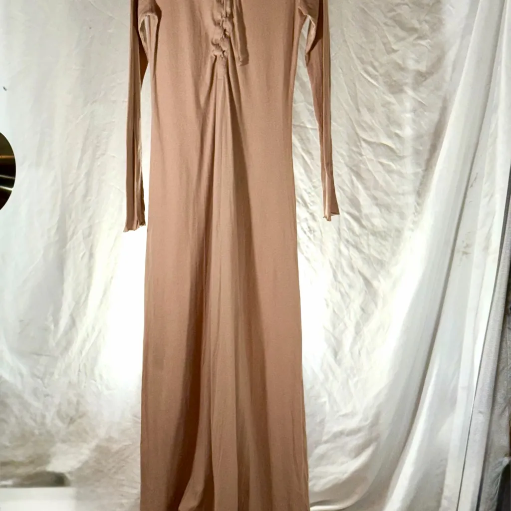 Free People 100% Cotton Tan Long Sleeve Lace-Up Dress Maxi Size M Boho Hippy - Image 3