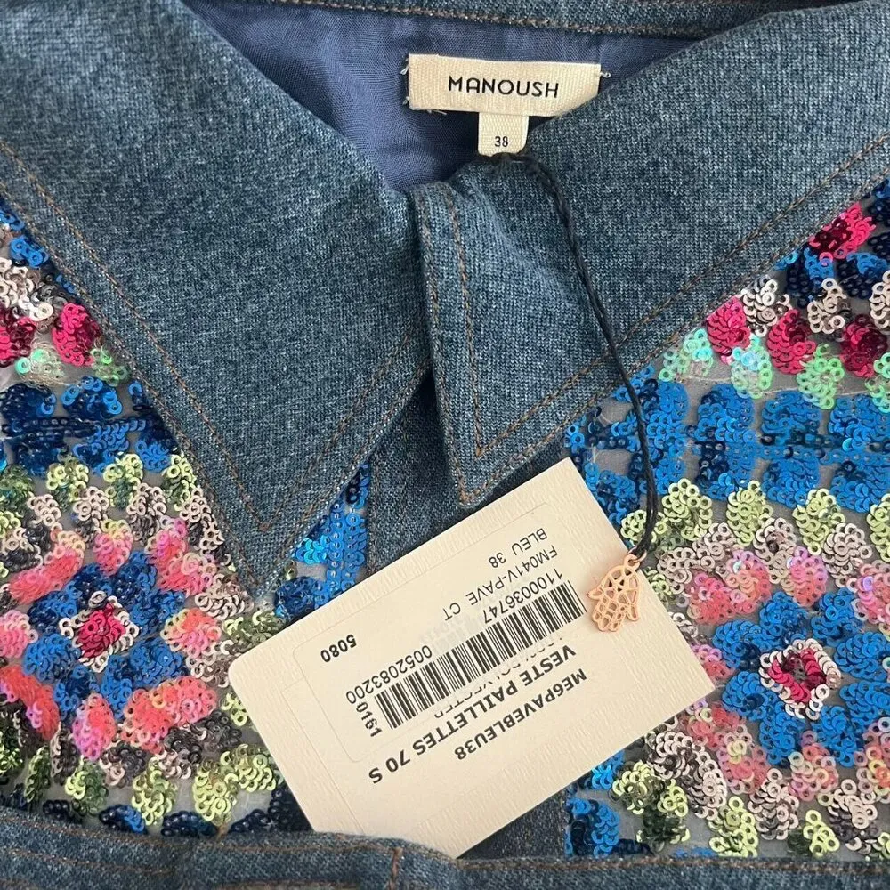 $805 NWT Manoush Sequined Denim Jacket US 6 Women's Blue - Image 6