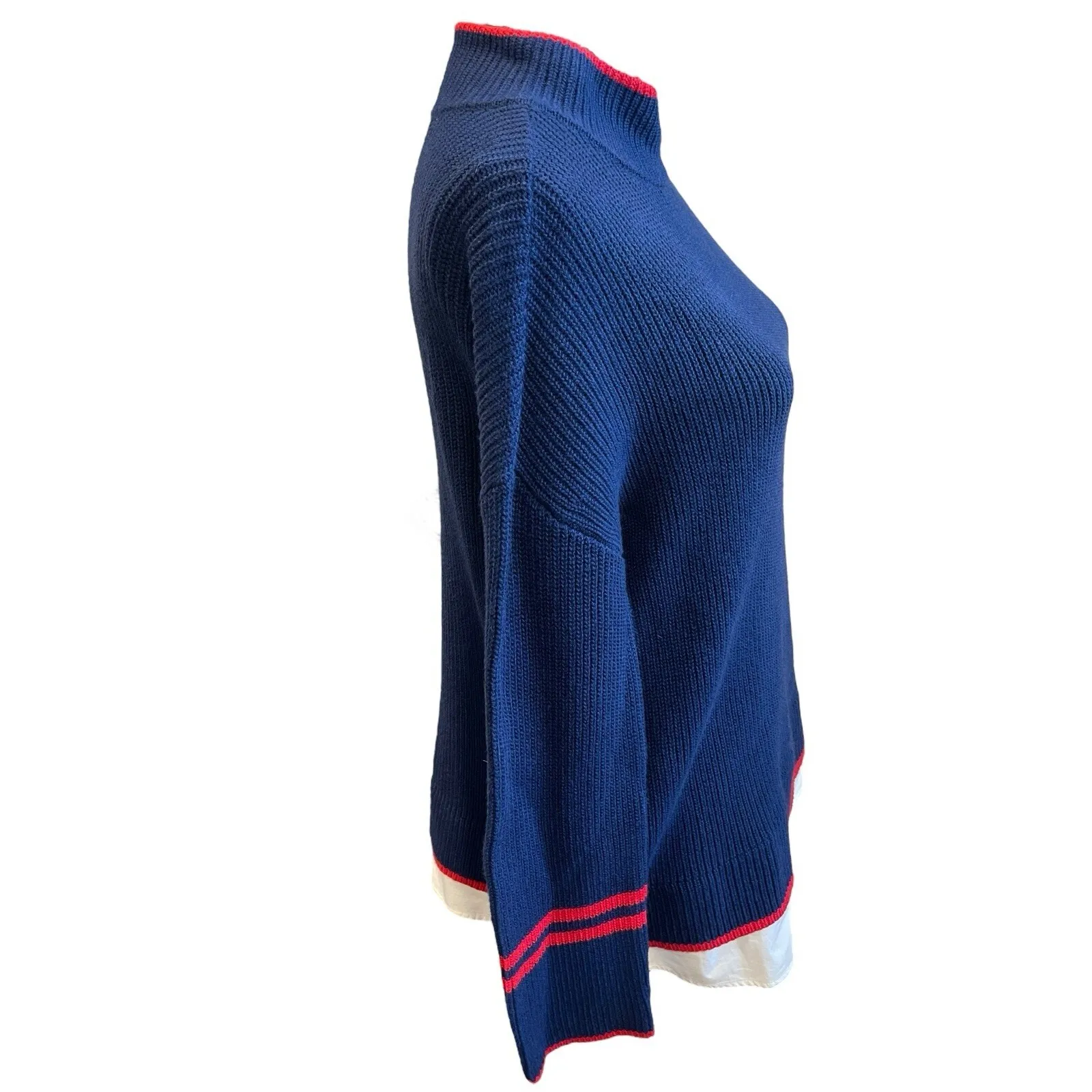 Talbots Navy Blue Sweater W/ Red Trim And Faux Undershirt Size Medium - Image 5