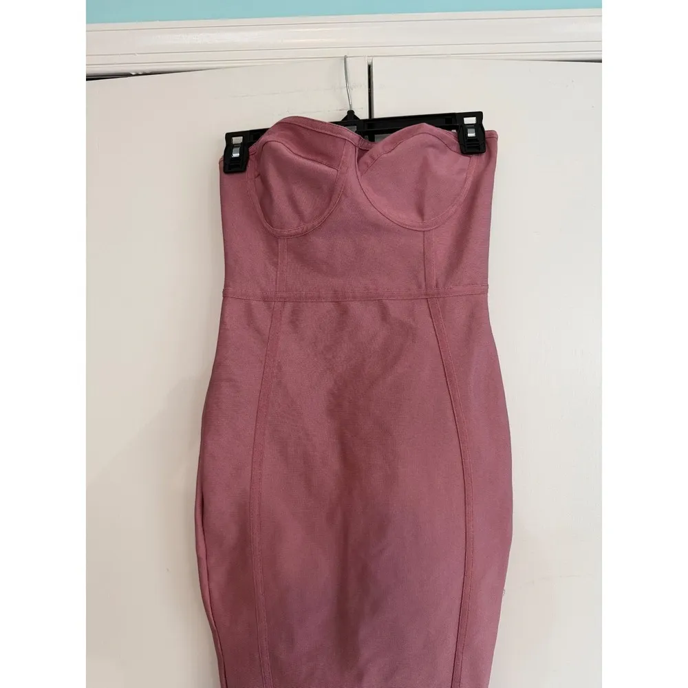 PRETTYLITTLETHING Pink‎ Strapless Bodycon Midi Dress Ruffle Hem Fishtail Size 6 - Image 3