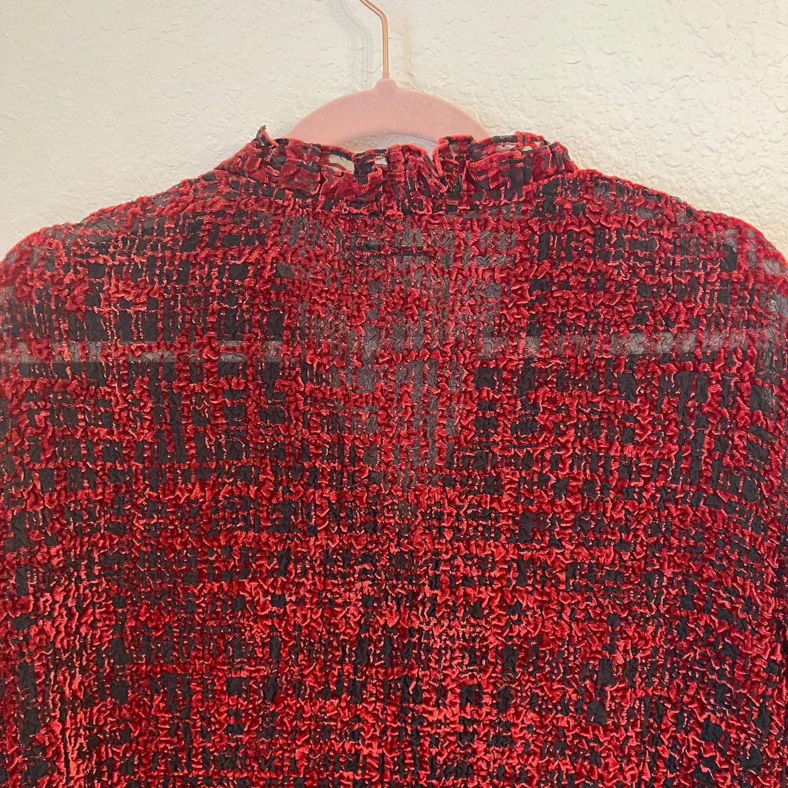 Coldwater Creek Velvet Burnout Cardigan 1X Deep Red Ruffle Trim Whimsigoth Sheer - Image 10