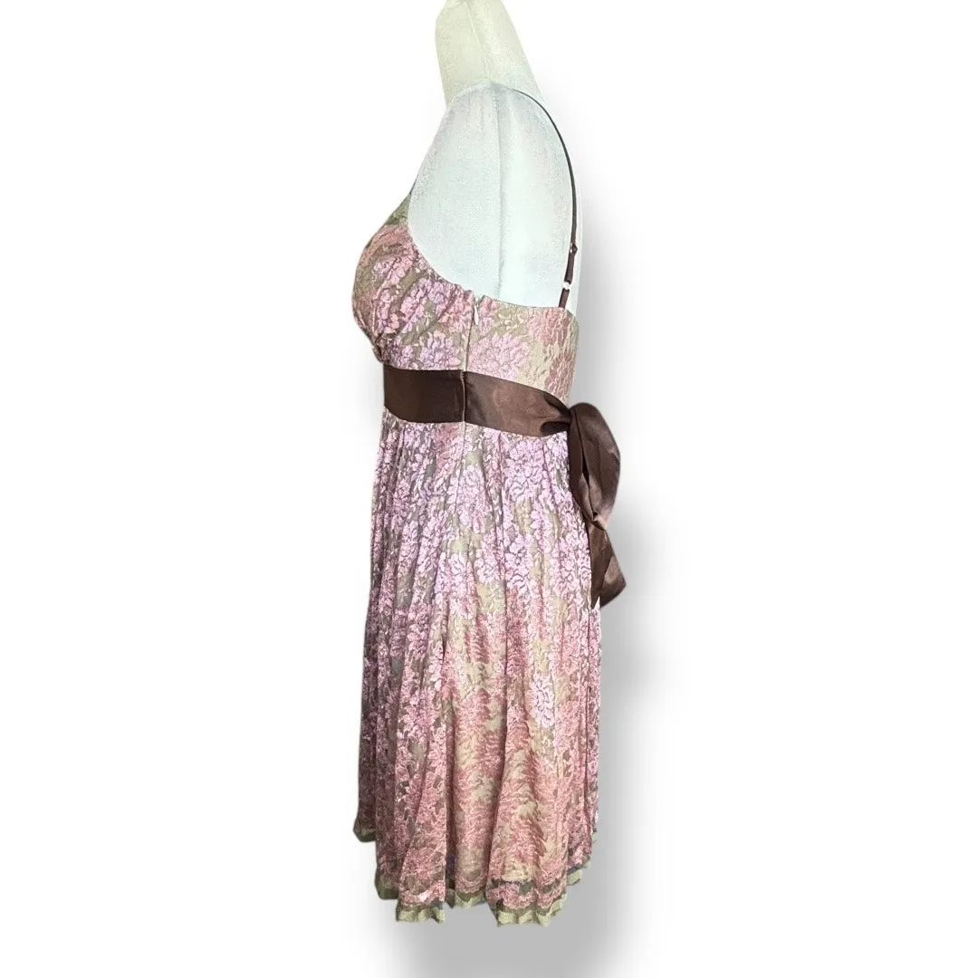 Vintage Y2K Necessary Objects Pink Floral Lace Slip Dress Brown Satin Bow Small - Image 4