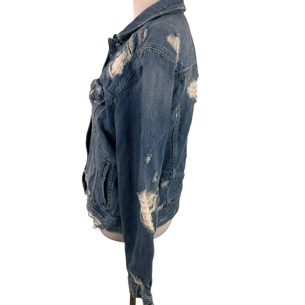 American Eagle Distressed Crochet Accent Button Up Jean Jacket Size Medium - Image 5