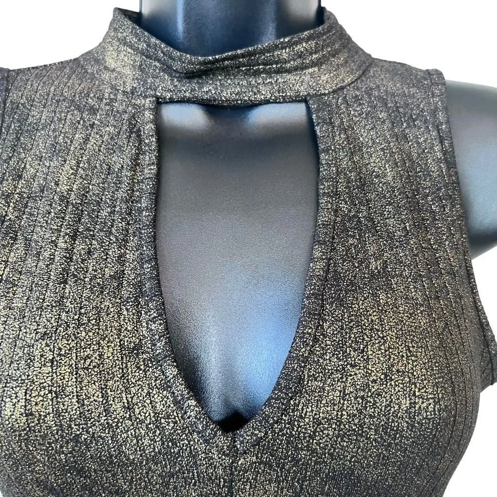 BEBE Black Crackled Gold Metallic Knit Sleeveless High Neck Bodycon Dress - Image 4