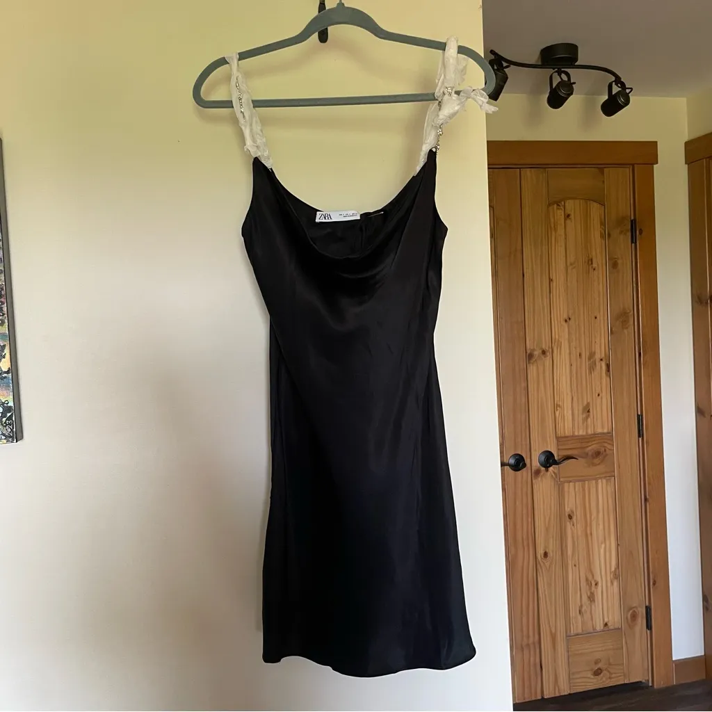 Zara Black Satin Crystal Embellished Going Out Fancy Cocktail Mini Slip Dress Sm - Image 4