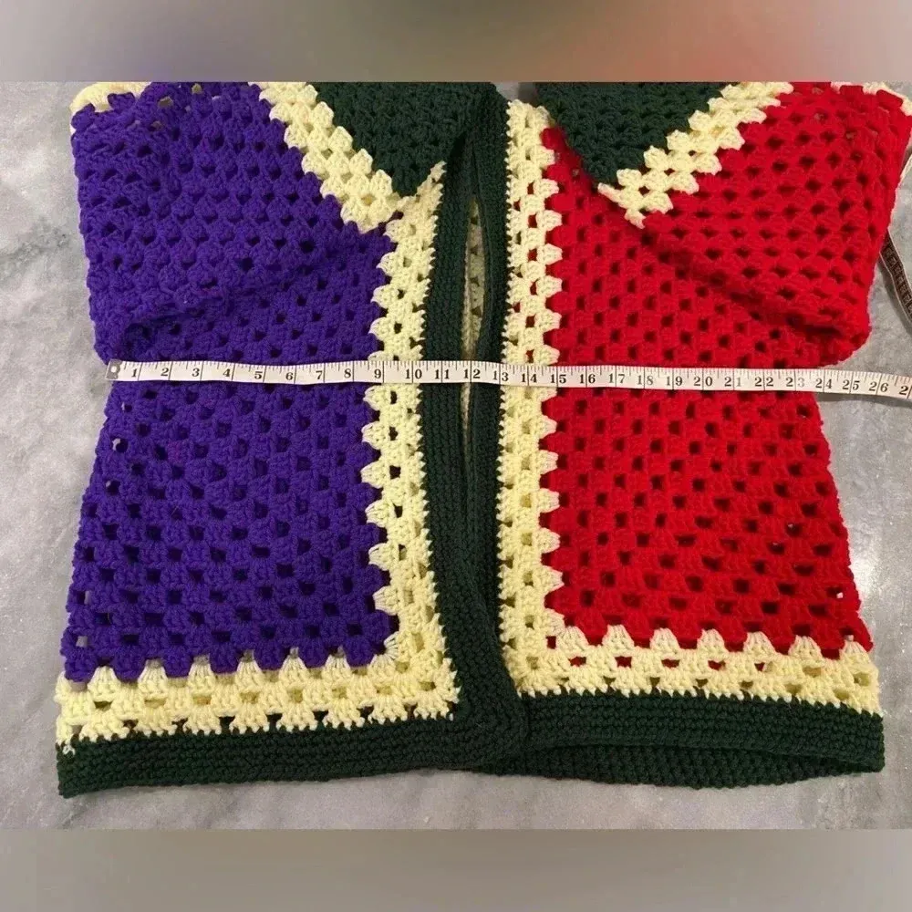 Handmade Crochet Oversized Hexagon Granny Square Open Front Cardigan Sweater OS - Image 6