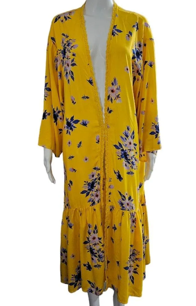 Jessica Simpson Linnea Yellow Floral Print Tiered Peplum Midi Topper Size Large - Image 2