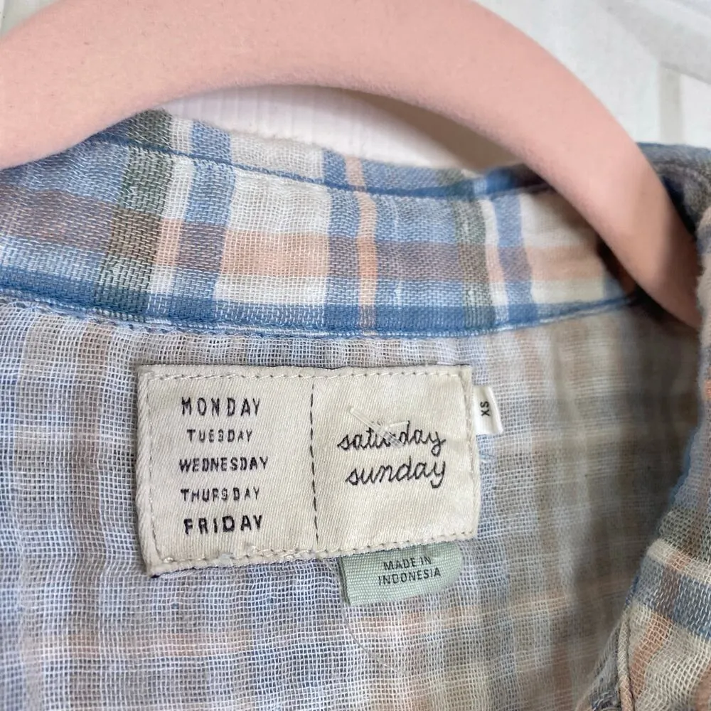 ANTHROPOLOGIE Saturday Sunday Gauze Cotton Blue Plaid Button Up Shirt Dress XS - Image 4
