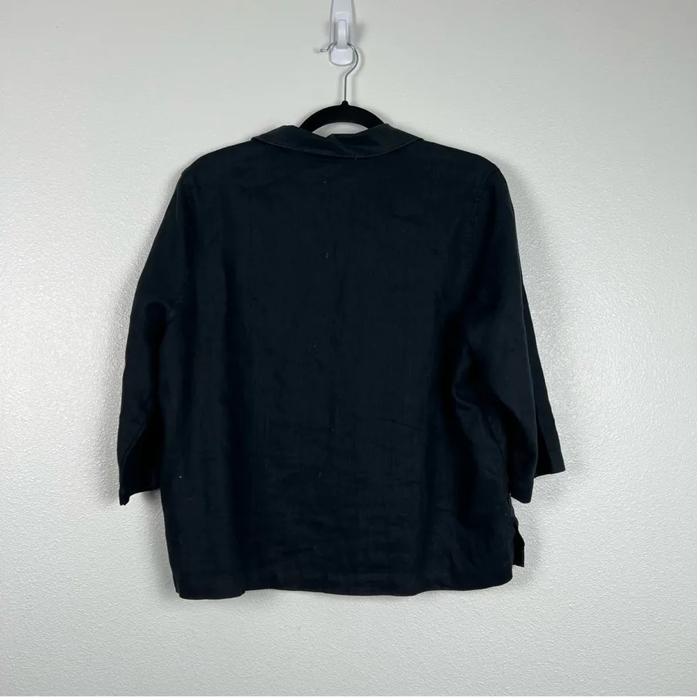 Kasper  Linen Button Front 3/4 Sleeve Blouse‎ Black - Image 5