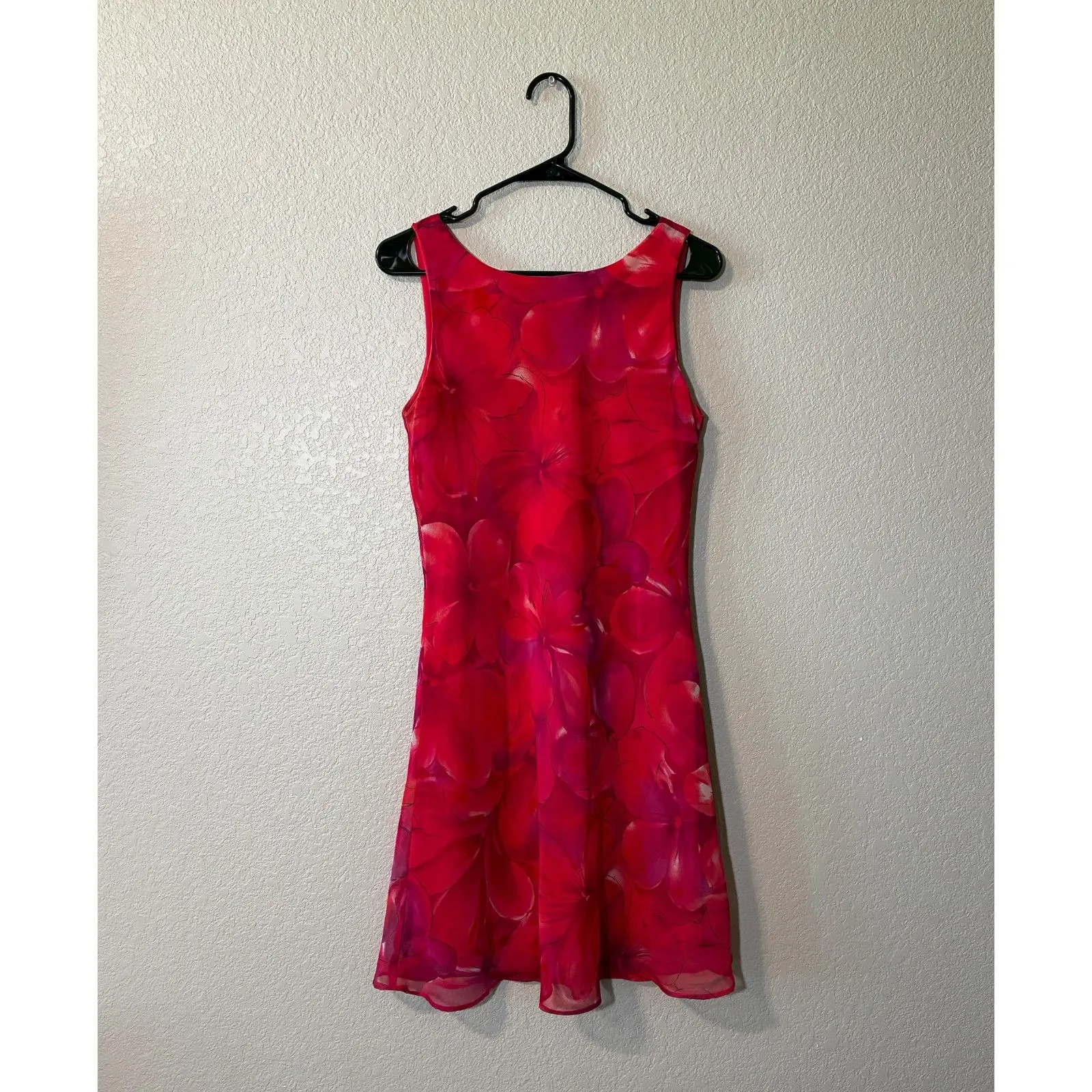 Alyn Paige Red Floral Dress Size 9/10 Made in USA 90s Fit & Flare Sheer - Image 3
