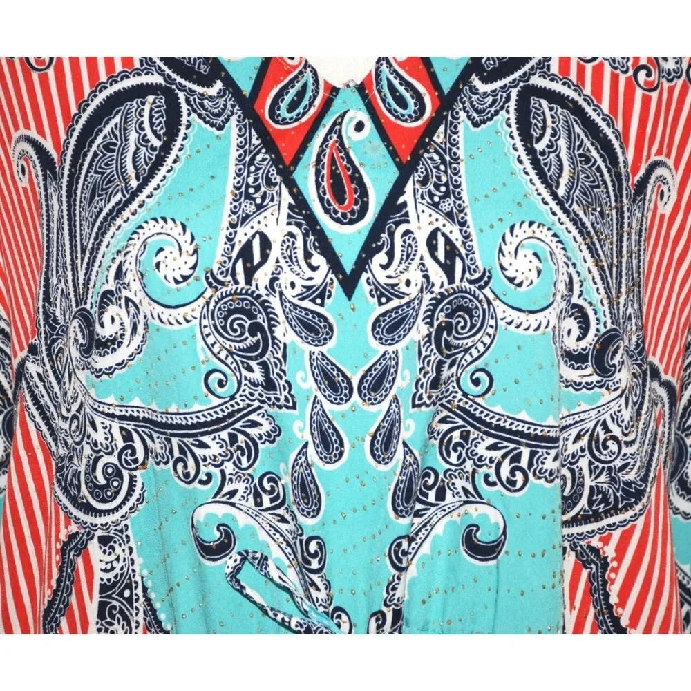 Riviera Sun Caftan Patio Dress Colorful Studded Size Free Plus Paisleys V - Image 3