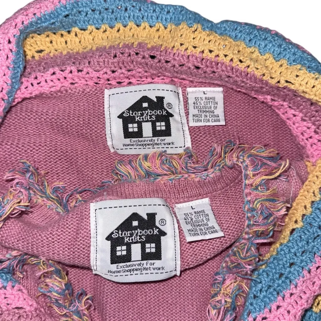 VTG Storybook Knits Pastel Striped Cardigan & Vest Y2K Cottagecore Knit Sweater Pink Size L - Image 5