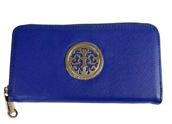Dasein Zip Around WALLET Blue Gold Emblem Clutch Handbag Purse Faux Leather - Image 1