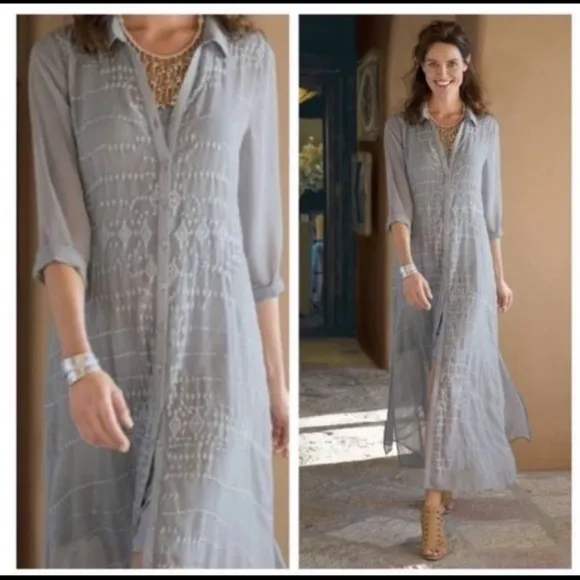 Soft Surroundings Ibiza Georgette Embroidered Maxi Dress Mountain Mist size XXS - Image 2