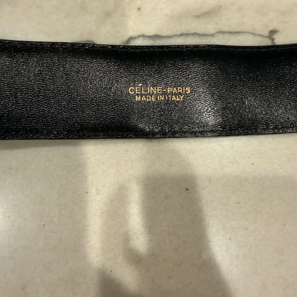 Vintage CELINE Black Leather Gold Carriage Buckle Belt Made in Italy - Image 9