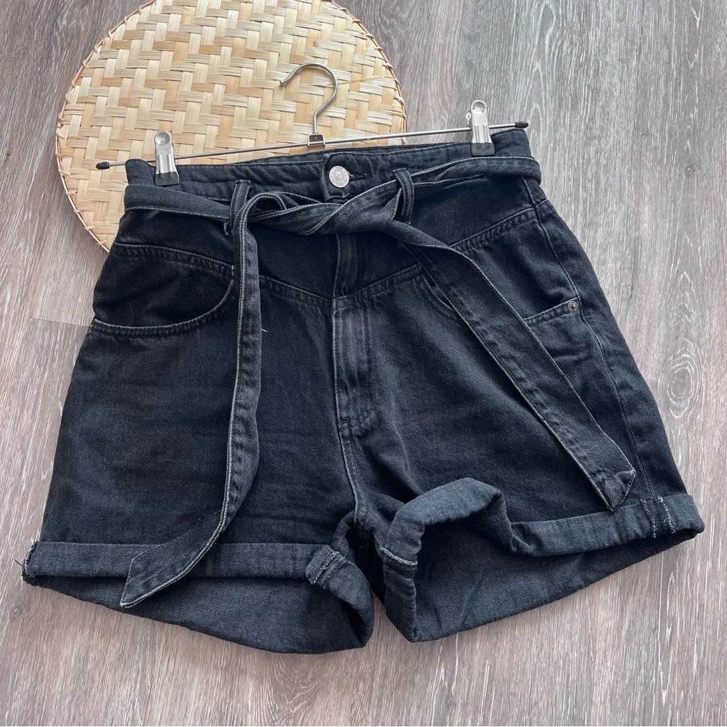 Zara black high rise denim‎ shorts w/ waist tie - Image 2