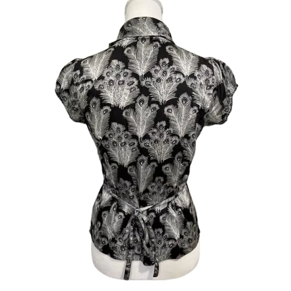 Free People Shirt Womens 0 Black Gray Peacock Feathers Silk Blouse Keyhole - Image 10