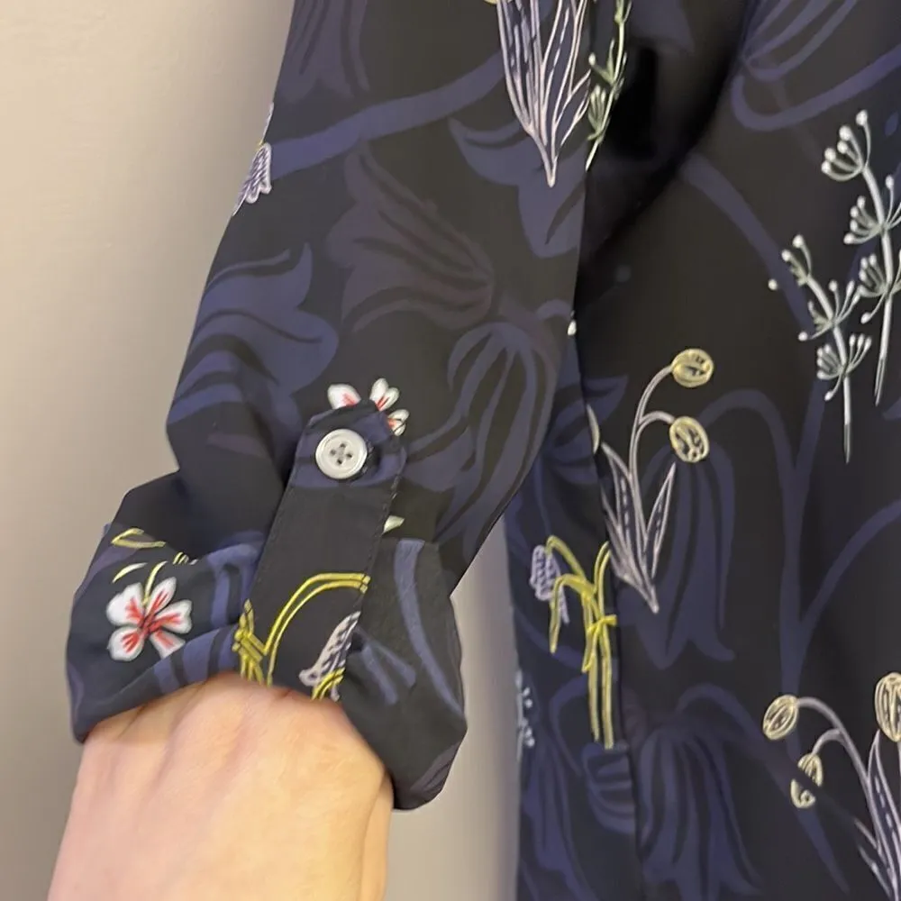 LOFT Black and Navy CrewNeck Floral Long Sleeve Blouse with Side Slits- Medium - Image 6