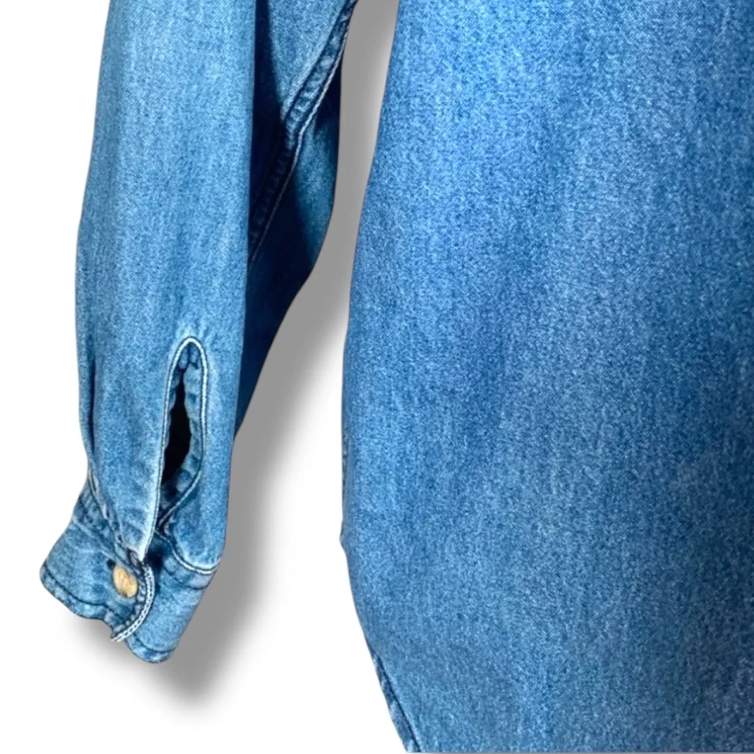 Vintage 90s Denim Chambray Christmas Shirt Embroidered Mittens Medium Holiday Blue - Image 10