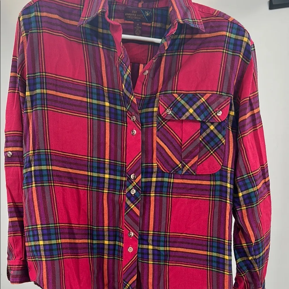 Pink Blue plaid Button Down flannel Shirt M women’s colorful casual fall bright Size M - Image 3