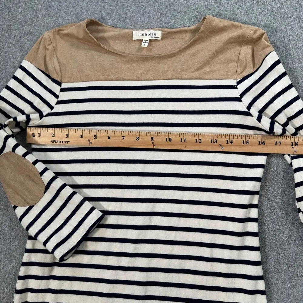Monteau Mini Shift Dress Striped Elbow Patch Size Large Navy White Brown - Image 7
