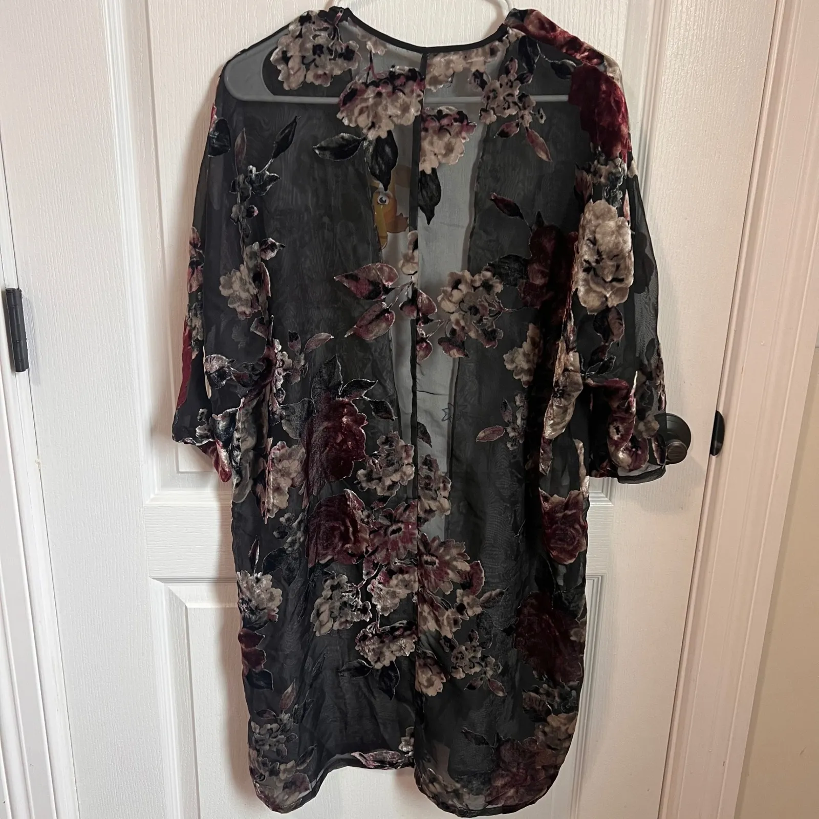 Three Eighty Two Black Floral Velvet Burnout Kimono Duster Cardigan Jacket M - Image 7