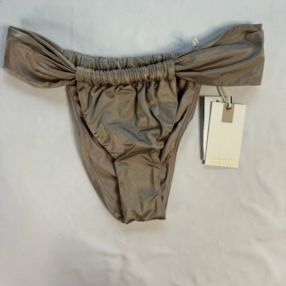 NWT Good American Size 2 M Mink Tan Shiny Ruched Bikini Bottom Cheeky Metallic - Image 2