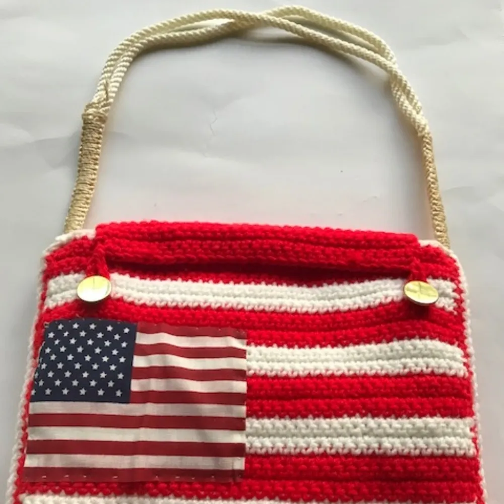Handmade Patriotic Handbag Crochet Macrame VTG - Image 2