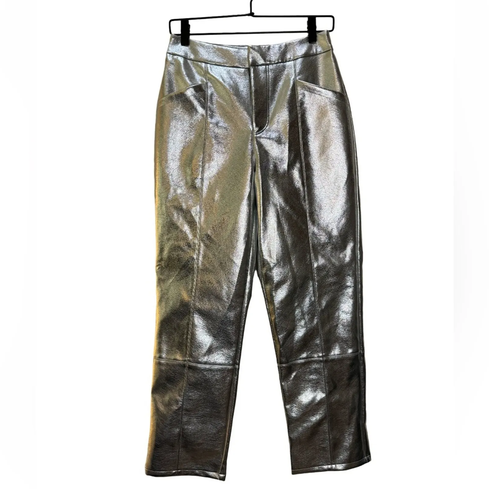 Avec Les Filles Faux Leather High Waist Crop Wide Leg Pants - Metallic Silver S - Image 3