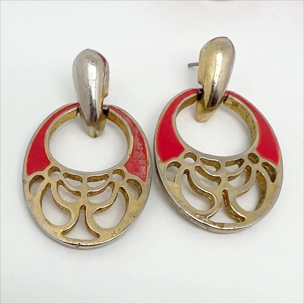 Lot of 5 Pairs of Vintage 1980s Bright Pink and Gold Tone Large Earrings - Image 4