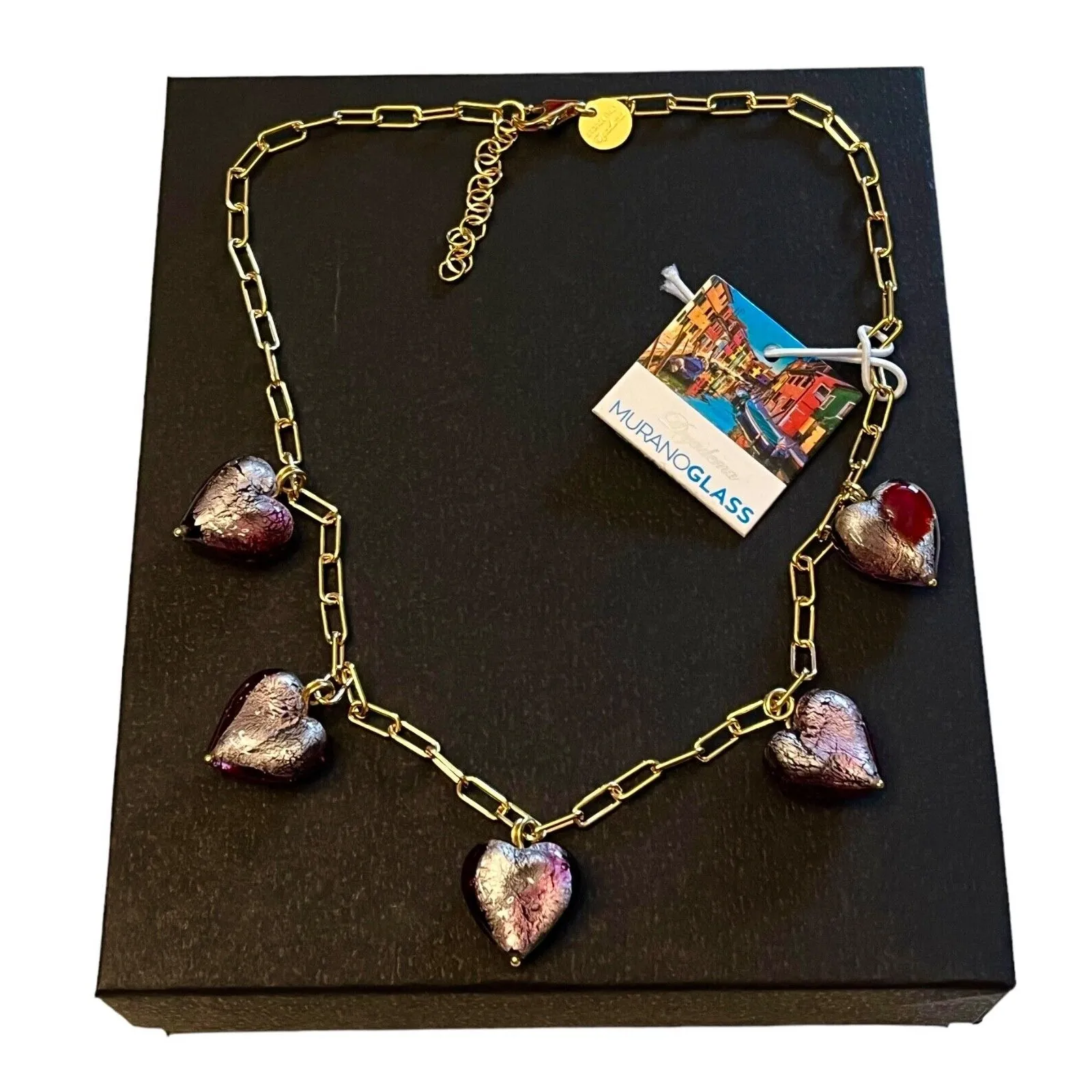 Murano Glass Heart Necklace Gold Chain Foil Dyadema Station Hearts Venetia Italy - Image 2