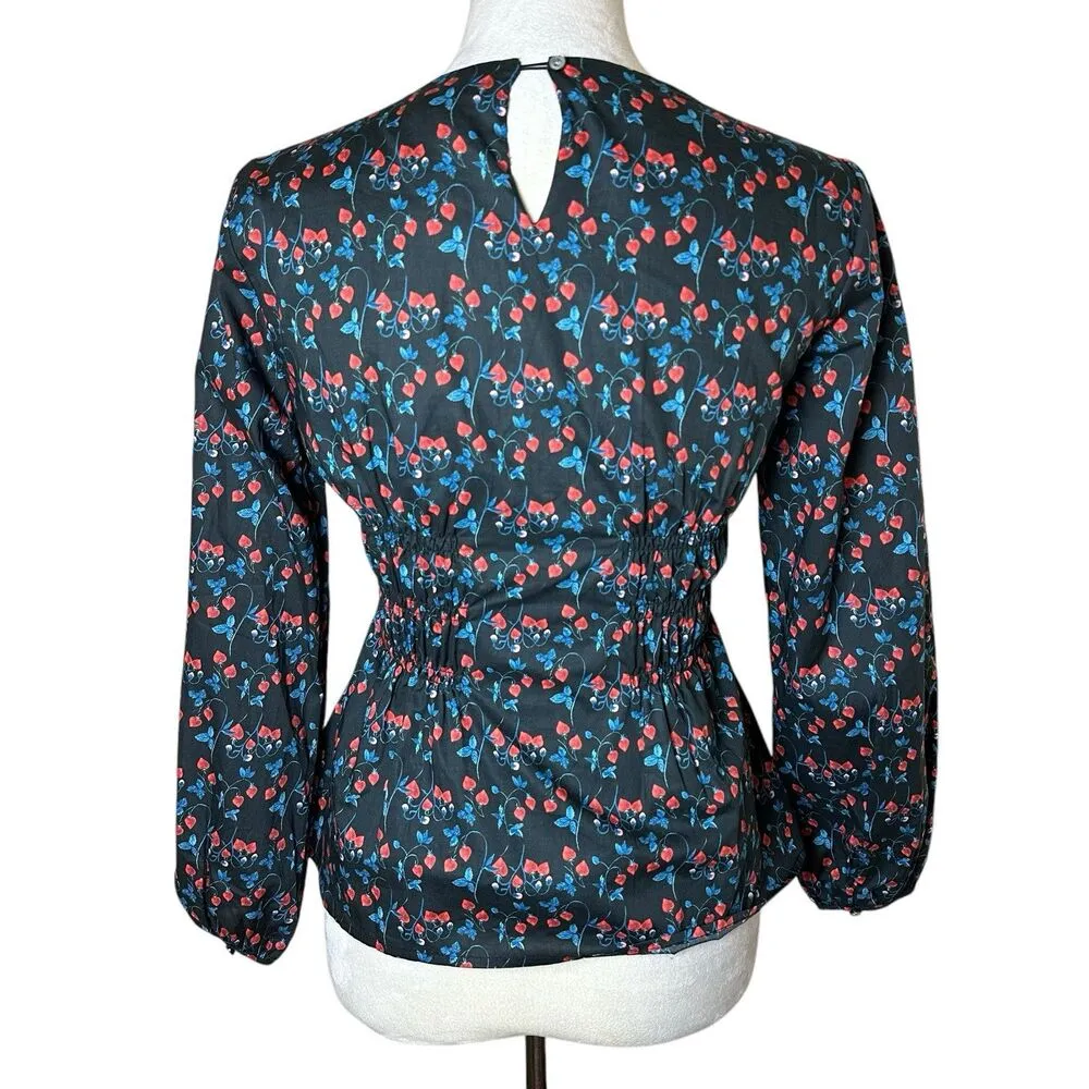 J.Crew Chiffon Shirred Waist Liberty Tana Lawn Strawberry Fields Top Size 00 NWT Black - Image 3