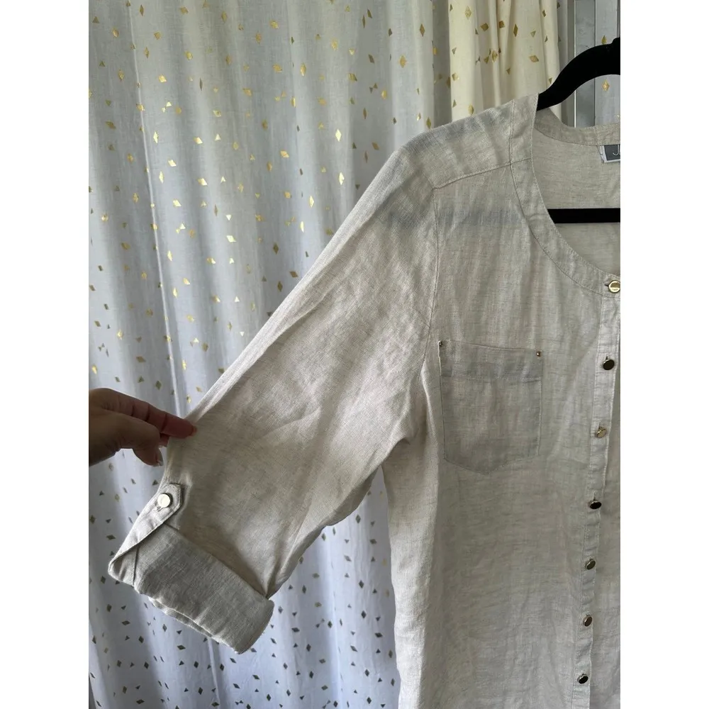 JM Collection Petite 100% Linen Mandarin Band Collar Button Down Shirt 14 - Image 3