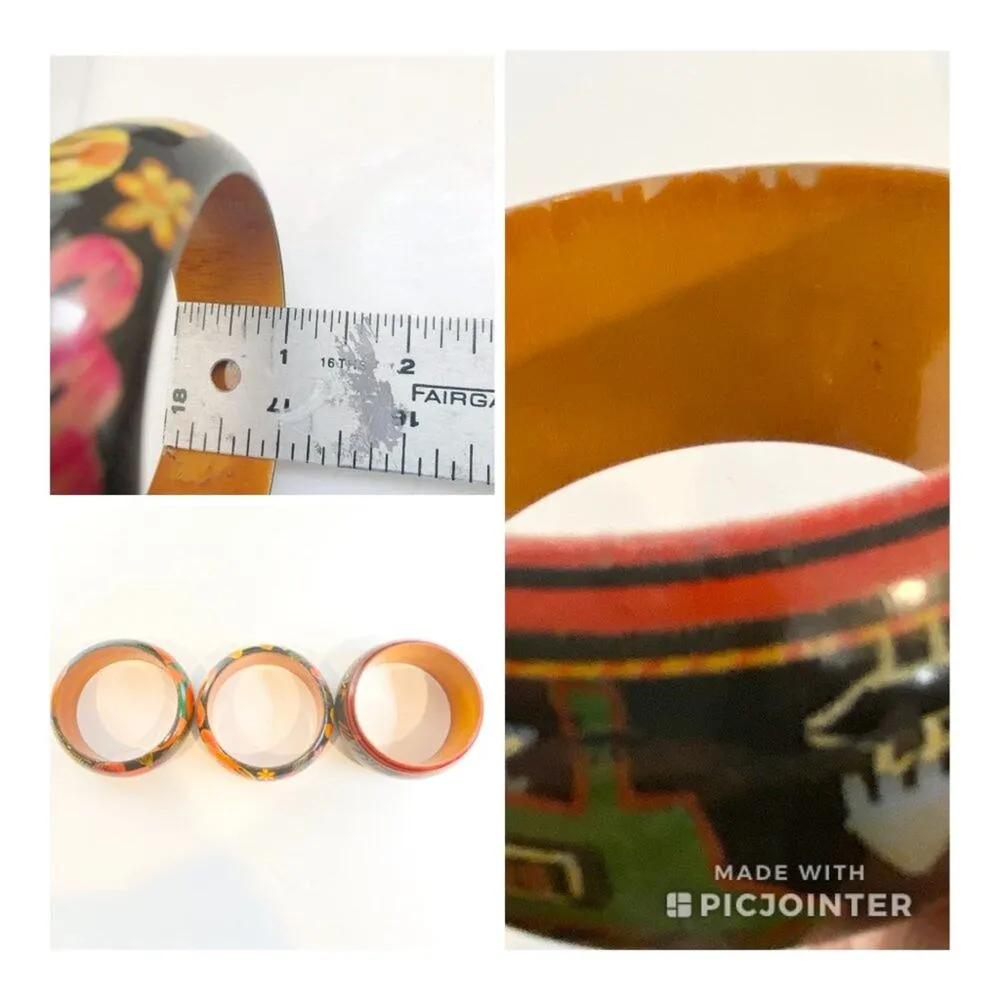 Hand Painted Chunky Wood Bracelets Bangles Set/3 Bohemian Artsy Jewelry Black - Image 8
