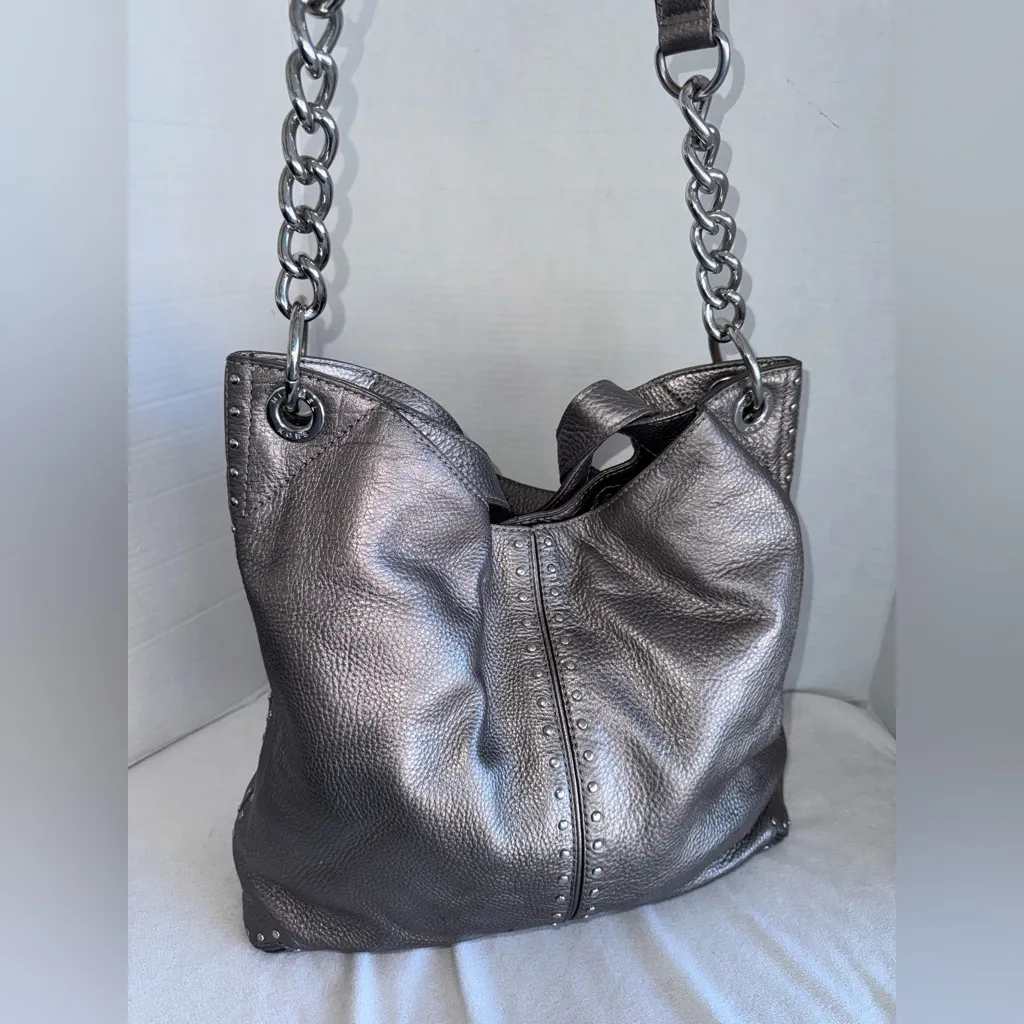 Michael Kors Metallic Gray Leather Studded Chain Strap Satchel Shoulder Bag Silver - Image 2