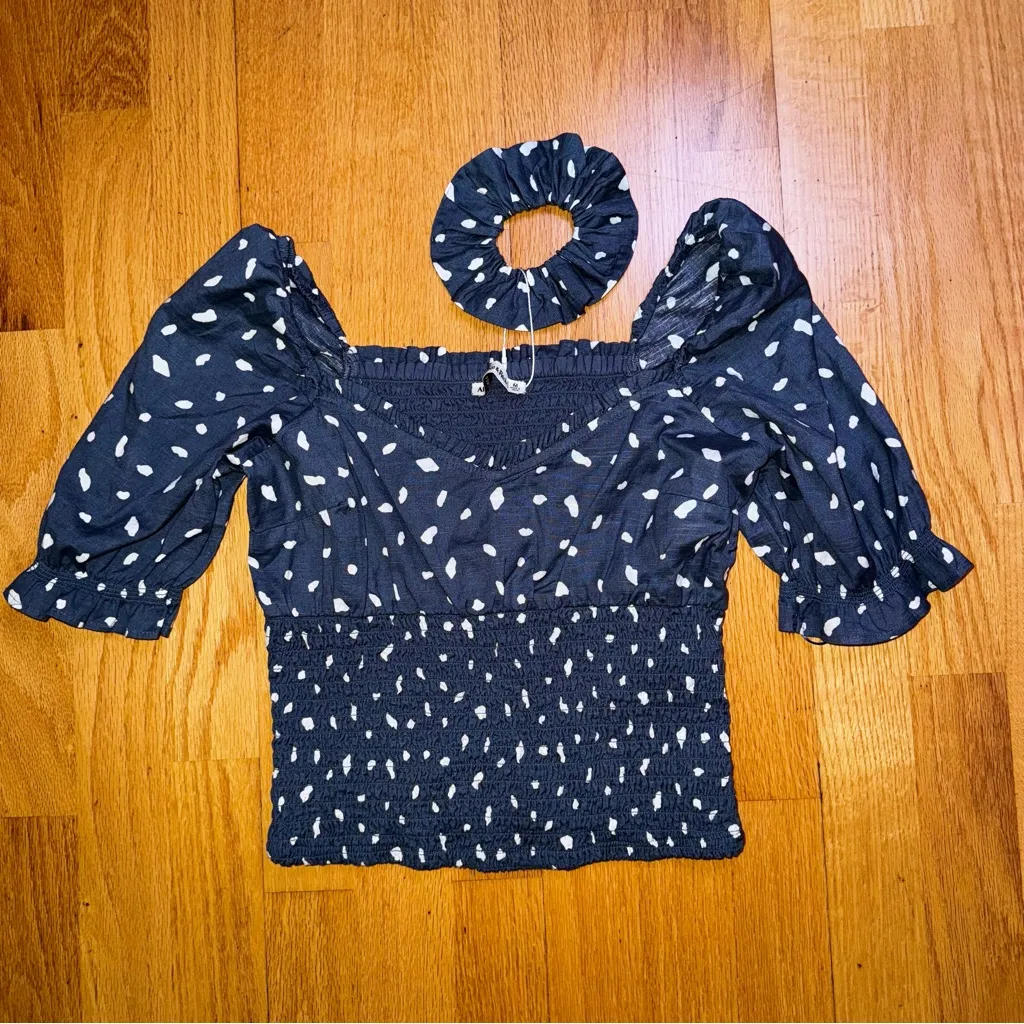 Abercrombie & Fitch Puff Short-Sleeve Smocked Waist Top Polkadot Blue M NWOT - Image 10