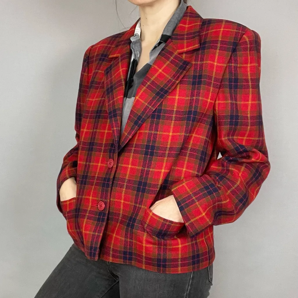 Vintage Plaid Blazer Suit‎ Jacket Women Wool Blend Red Clueless Preppy Academia Size 12 - Image 3