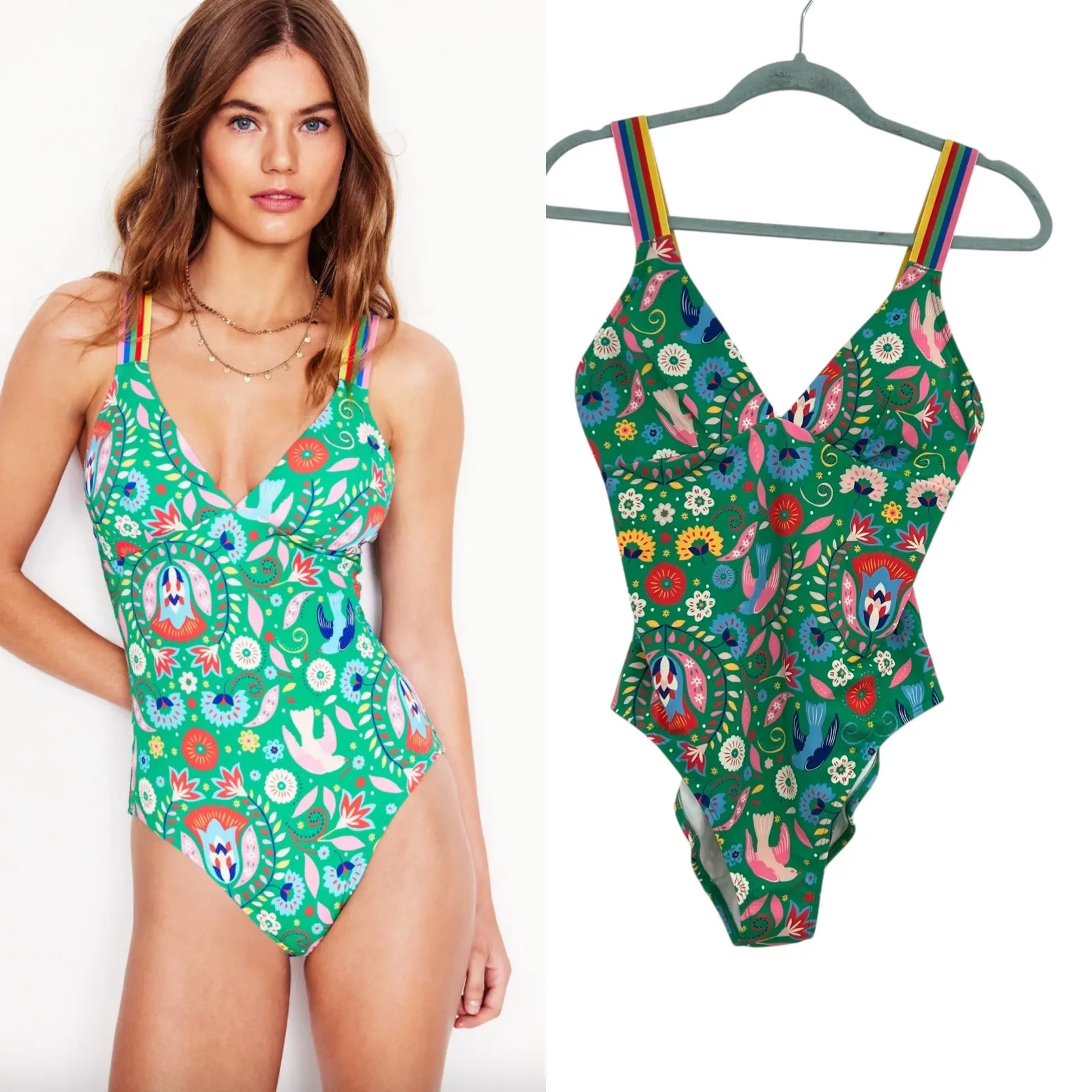Boden Stripe Trim Swimsuit One Piece Decorative Garden Floral‎ Green Size US 8 - Image 2