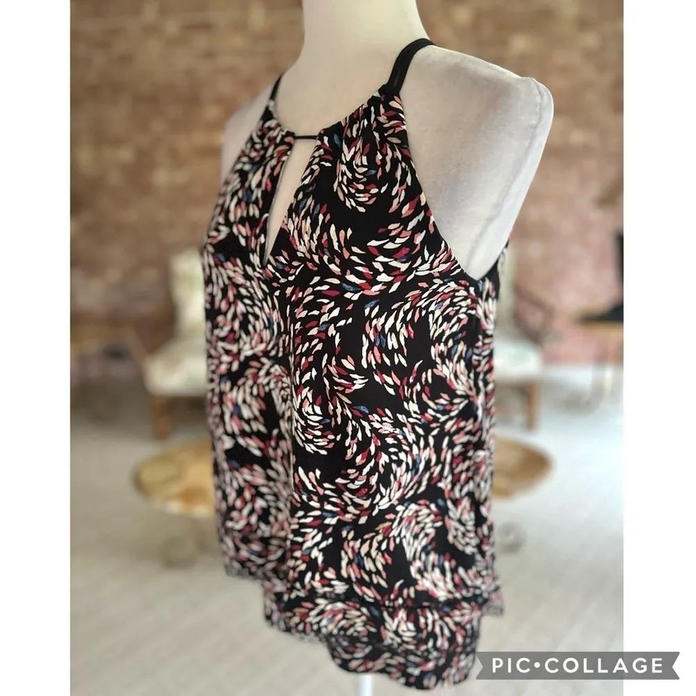 WHBM Top Halter Split Back Knit Black Print S Sleeveless Tiered Dressy Tank - Image 9