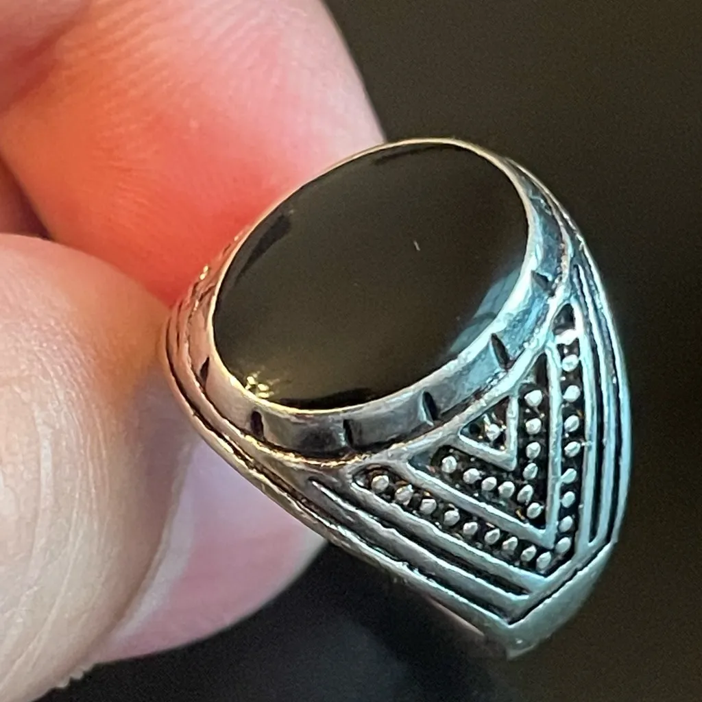 Natural oval black obsidian S925 silver ring size 10.25 - Image 7