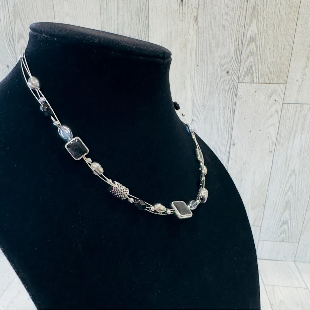 Lia Sophia Silver Tone Obsidian Style Beads Multi Chain Necklace Choker … - Image 3
