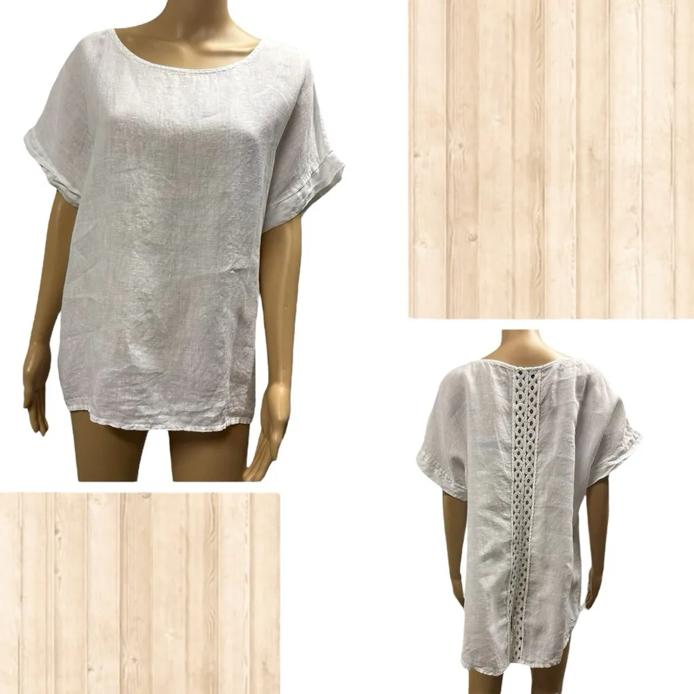 Linen Terzo Millenio White Made in Italy Short Sleeve Crochet Back Blouse Top L Size L - Image 4