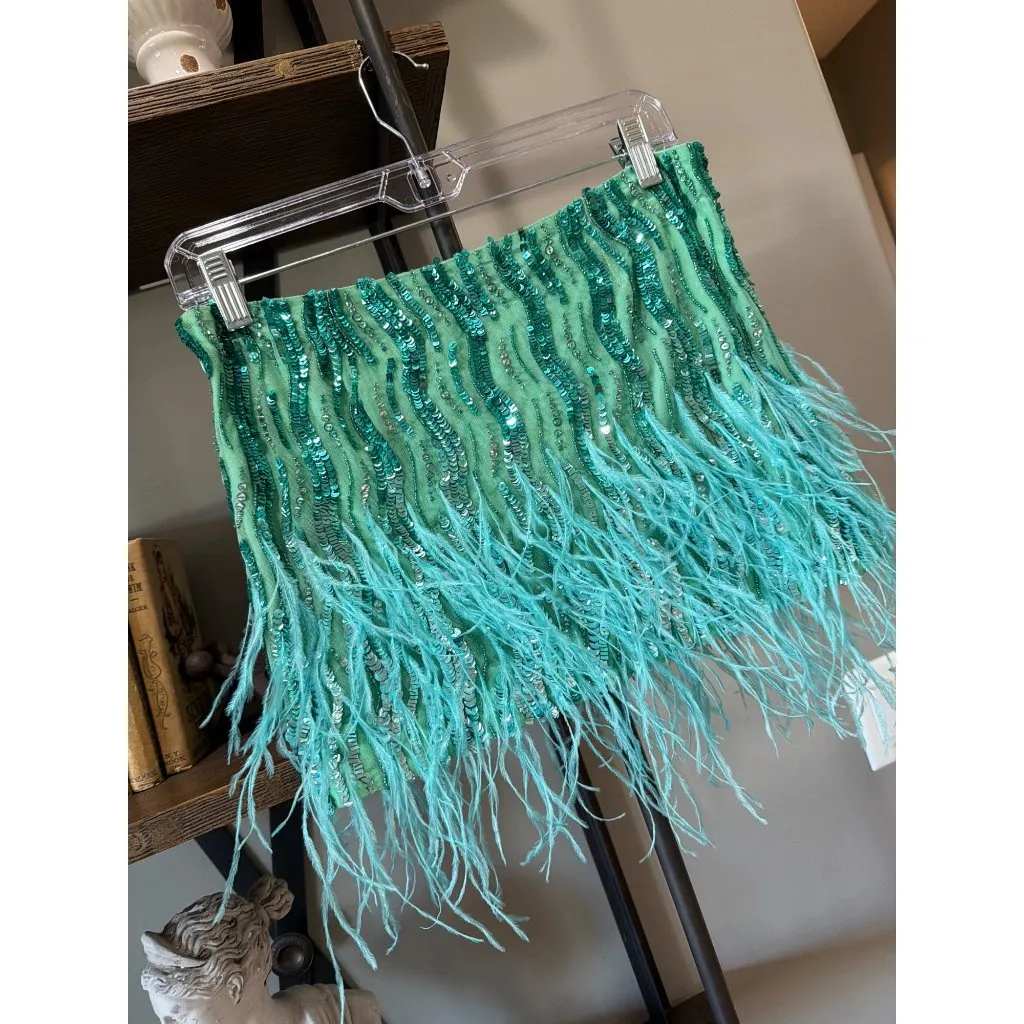 retrofete Tai Feather Sequin Mini Skirt Sea Foam Womens Size Small Green - Image 7