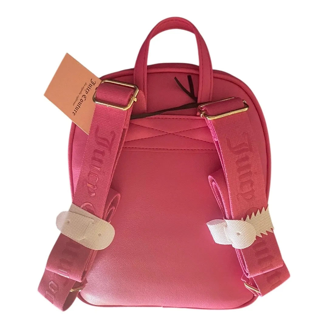 NWT-JUICY COUTURE-OBSESSION PINK MEDIUM BACKPACK MSRP$99 Gold studded logo on front  Branded adjustable straps Gold tone hardware   Zip closure  Front zip pocket One zip inside pocket Two inside open pockets Measures 12x9x4 inches  Brand new with tags  - Image 5
