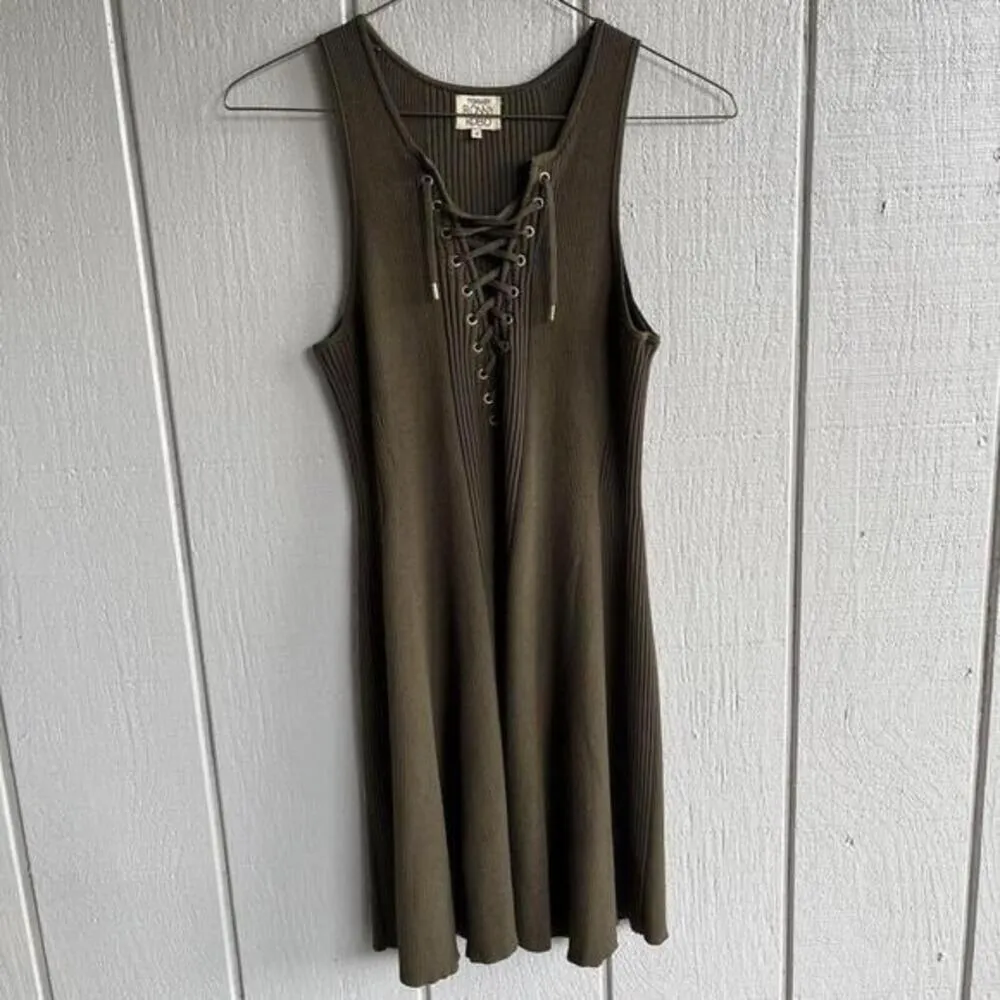 Torn by Ronny Kobo‎ Lace Up Ribbed Knit Mini Dress in Olive Green Size M - Image 3