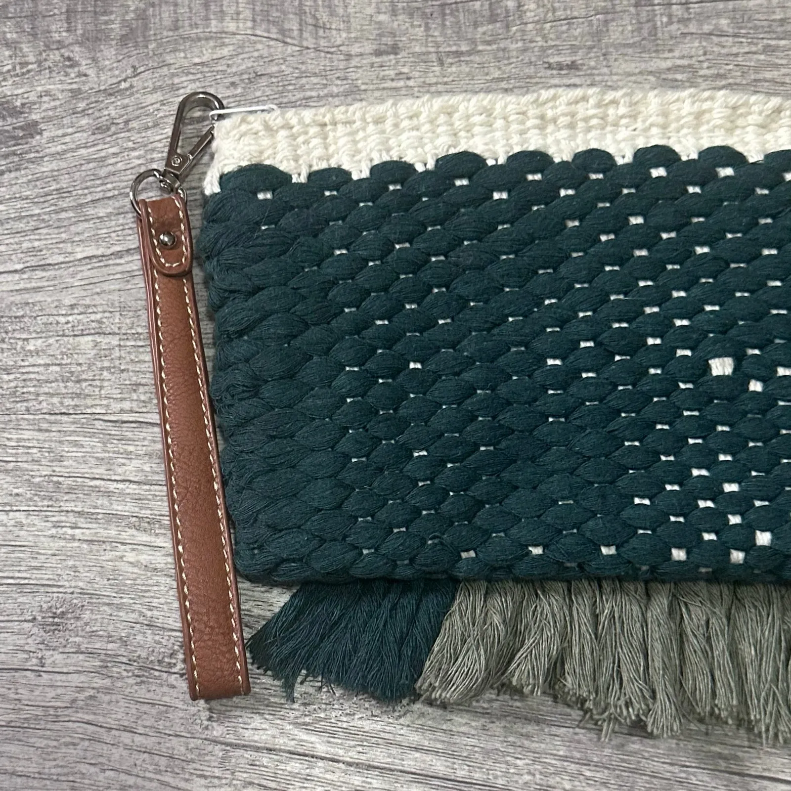June + Rya Handwoven Boho Small Clutch Bag W/ Hand Strap Zippered Green Cotton - Image 6