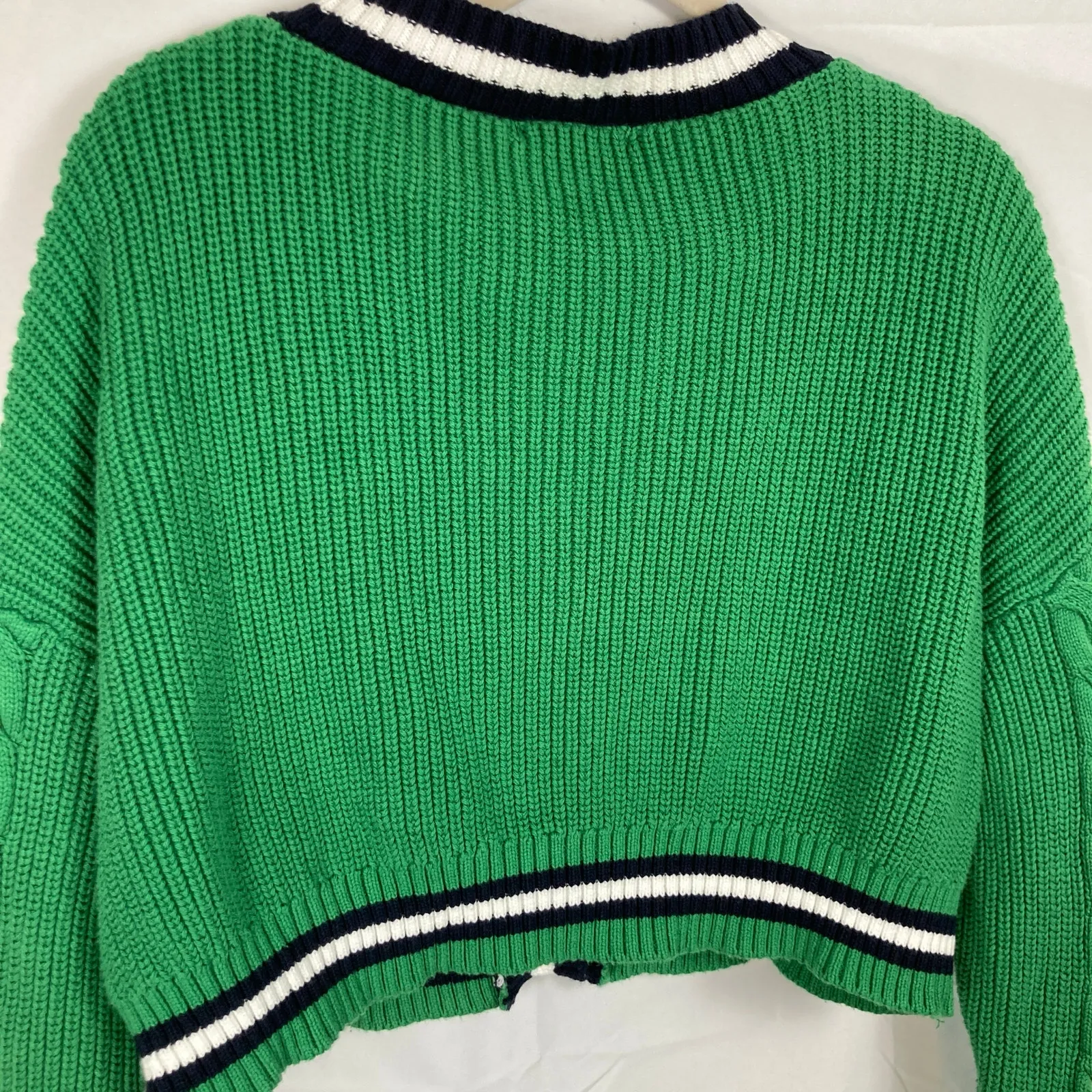 Forever 21 Womens L Green Chunky Cable Knit Varsity Crop Cardigan Tennis Preppy - Image 8