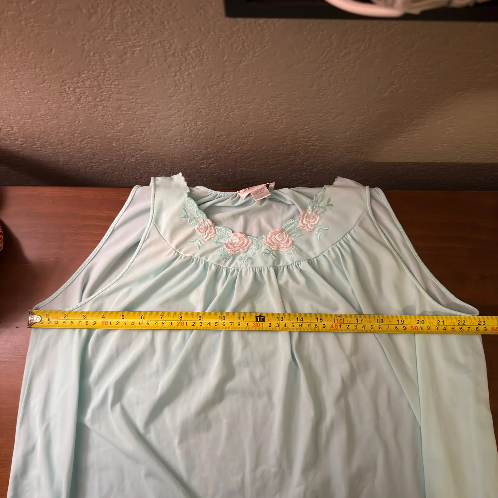 Shadowline 1X Aqua Blue Nylon Nightgown Sleeveless Roses Trim Sleepwear - Image 3